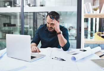 Aufkleber - Tired, mature man and architect with headache, laptop and blueprints for stress planning building and design problem. Senior, male engineer and computer with documents for panic or stress at deadline