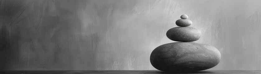 Poster - Minimalist image featuring three smooth stones stacked against a soft grey background