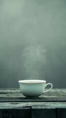 Poster - Minimalist style, one porcelain cup with steaming tea, misty morning