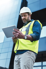 Poster - Tablet, man and construction worker with research in city for building, repairs or maintenance. Planning, reading and male engineer with digital technology for industrial project in urban town.