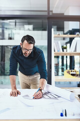 Aufkleber - Architecture, blueprint and man in office, writing and building planner and construction with renovation. Person, employee and entrepreneur with documents, schematics for remodelling and thinking