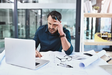 Aufkleber - Mature man, architect and headache for design problem in building planning with laptop and blueprints in office . Senior, male engineer and computer with documents for deadline stress and panic
