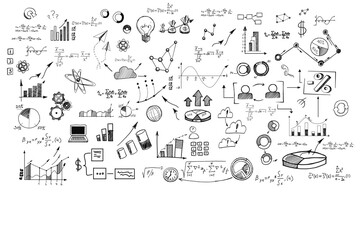 Aufkleber - Hand-drawn doodles of business and analysis concepts on a white background, depicting graphs, charts, and equations