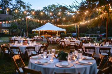 Wall Mural - A large outdoor party with tables and chairs set up for guests. The tables are covered with white tablecloths and the chairs are arranged around them. There are many lit candles on the tables