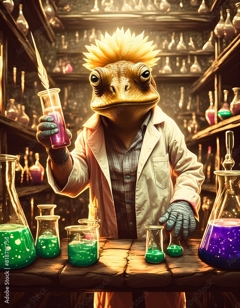 Frog Experiments Datatable Image of an anthropomorphic frog, dressed as a scientist, engaged in ...
