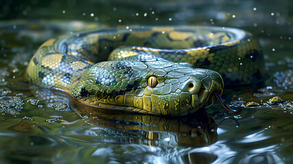 Green anaconda in the water 