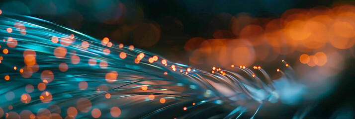 Poster -  optic cables with light particles flowing, Network connection fiber optic,Colorful optic fiber electrical cables wires neon waves lines abstract 3d design background pattern glow colored streams 