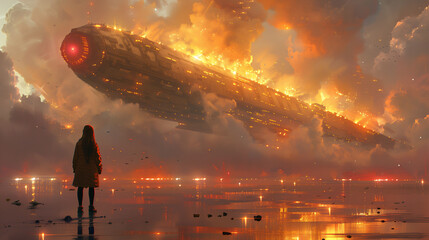 Wall Mural - A person stands on a reflective surface, watching a massive, futuristic spaceship engulfed in flames and smoke as it crashes from the sky