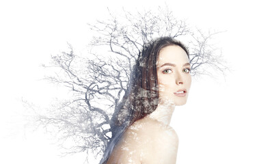 Poster - Double exposure of beautiful woman and tree on white background