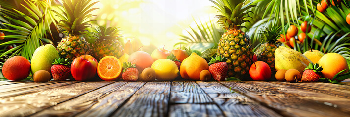 Wall Mural - Diverse Array of Fresh Tropical Fruits, Artfully Arranged to Highlight Natural Sweetness