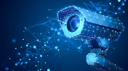 Fototapete - Digital technology Polygonal wireframe CCTV security camera, online tracking, online activities tracker, spam, online stalking concept on abstract blue background