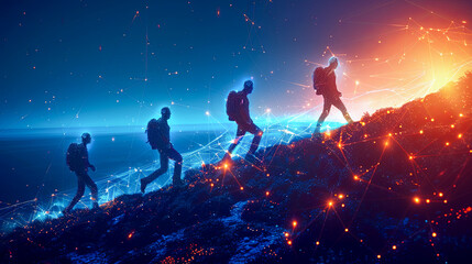 Wall Mural - silhouette of people climbing a mountain with network connection success and leadership concept on d
