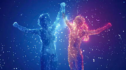 Poster - Polygonal wireframe Silhouette of a man and a woman on a blue background. Polygonal wireframe low polygonal illustration