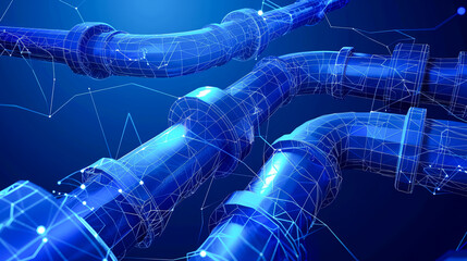 Wall Mural - Digital Polygonal wireframe industrial pipelines and cables in abstract blue light background