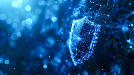 Poster - Abstract polygonal shield on blue background. Cyber security concept. 3D Rendering