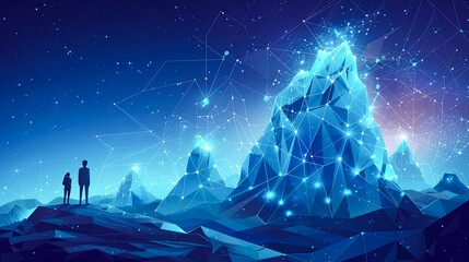 Poster - Abstract polygonal background with man and woman standing on top of a mountain. Vector illustration