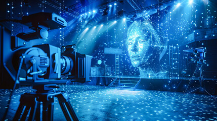 Poster - Digital composite of Head in front of stage with blue lights and spotlights