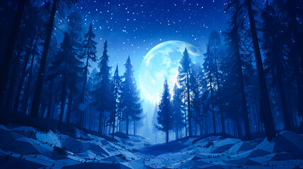 Wall Mural - fantasy landscape with full moon in the forest. 3d illustration