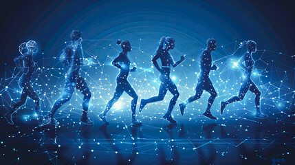 Poster - Running people silhouettes against blue background with lines and dots. Teamwork concept. 3D Rendering