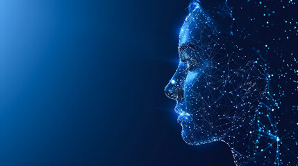 Poster - Abstract Artificial intelligence (AI) and machine learning concept. Polygonal human face made of connected lines and dots.