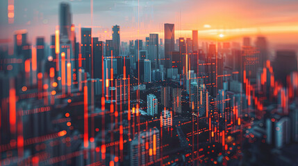 Poster - Financial stock market graph and candlestick chart on abstract city background. Double exposure