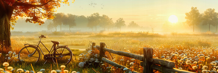 Wall Mural - Early Morning Fog Over a Lush Meadow, Illuminated by the Soft Light of Sunrise