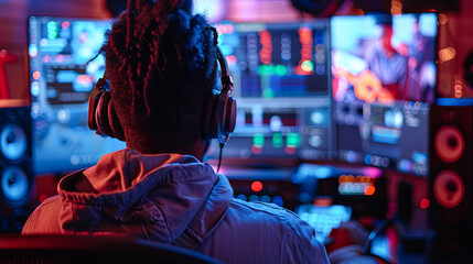 Poster - Rear view of african american male gamer in headphones playing video games in gaming club