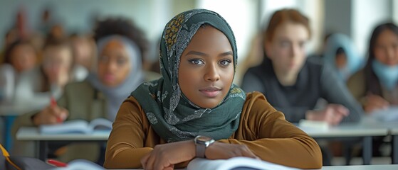 Students from different ethnic backgrounds studying at a desk in a classroom setting