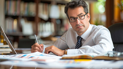 Poster - Serious mature businessman working at his desk in office. Mature businessman in eyeglasses looking at camera.