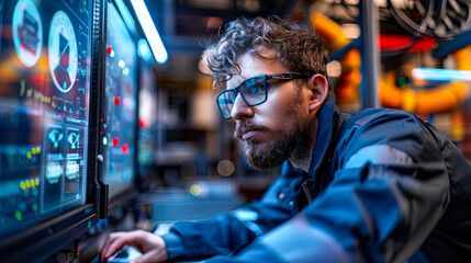 Poster - Portrait of a young caucasian man in a blue jacket and glasses working on a machine.