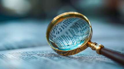 Close up of a magnifying glass on a book. Selective focus.