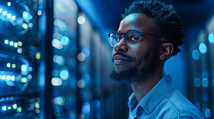 Poster - Portrait of confident african-american man working in data center