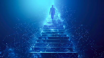 Poster - businessman climbing stairs Successful entrepreneur digital connecting lines over blue background.