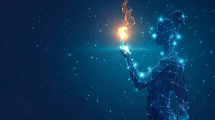 Poster - Silhouette of a young woman holding a burning torch on a dark blue background. Vector illustration