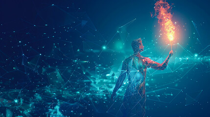 Poster - Conceptual background image with man silhouette holding burning torch in hand