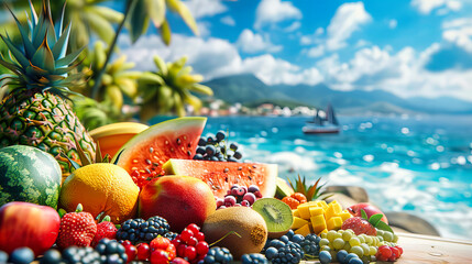 Wall Mural - Exotic Fruits on a Tropical Beach, Assorted Juicy Mango, Papaya, and Kiwi on a Sunny Day