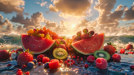 Wall Mural - Exotic Fruit Salad on a Wooden Table, Fresh and Colorful Summer Diet with Tropical Backdrop