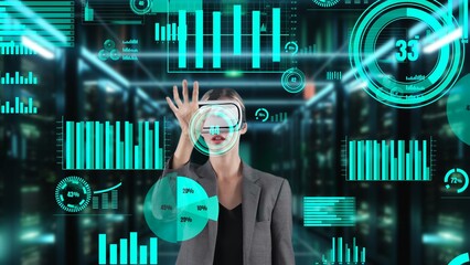 Wall Mural - Businesswoman data searching dynamic market data scatter graph analysis monitor by VR future global innovation interface digital infographic network technology visual hologram animation. Contraption.