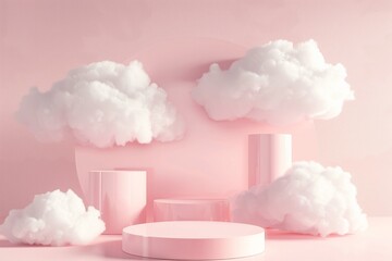 Poster - podium with cloud background product display presentation mockup design, pastel color theme