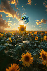 the sphere of the earth over a field of sunflowers, demonstrating the harmony and importance of ecol