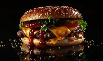 Wall Mural - stack of delicious fast food burgers featuring layers of juicy buns ai generated