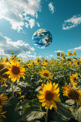 the sphere of the earth over a field of sunflowers, demonstrating the harmony and importance of ecol