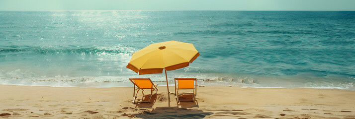 Wall Mural - Beach umbrella with two chairs on the sand. summer travel vacation background with copy space. 