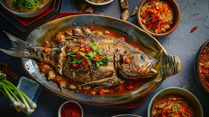 Wall Mural - a large fish is served with sauce and vegetables.