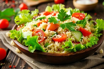 Wall Mural - Fresh couscous salad with cherry tomatoes and herbs