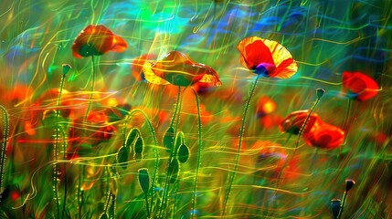 Wall Mural - Vivid abstract poppies in a neon dreamscape with glowing effects