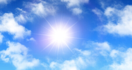 Wall Mural - sunny background, blue sky with white clouds and sun, sunny day concept.