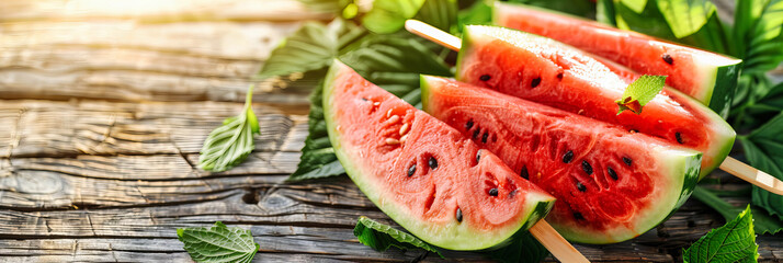 Wall Mural - Fresh Watermelon Slices on a Rustic Wooden Table, Perfect for Refreshing Summer Days