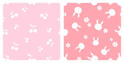 Wall Mural - Seamless pattern with cherry fruit, bunny rabbit cartoons and cute flower on pink backgrounds. Flat design vector.