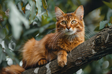 Aufkleber - A Somali cat with its lithe build, bushy tail, and ticked coat, perched alertly on a tree branch in a lush forest,